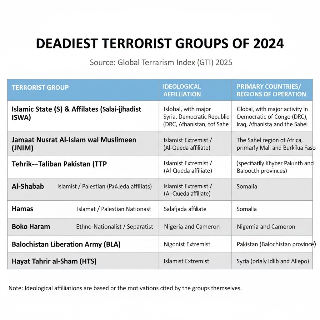 ninerclass's tweet image. Here is 2024/25 data based on the Global Terrorism Index. This table includes the four groups identified by the report as the "big four" responsible for the most significant activity, along with other highly lethal groups. The "Ideological Affiliation" is based on the motivation…