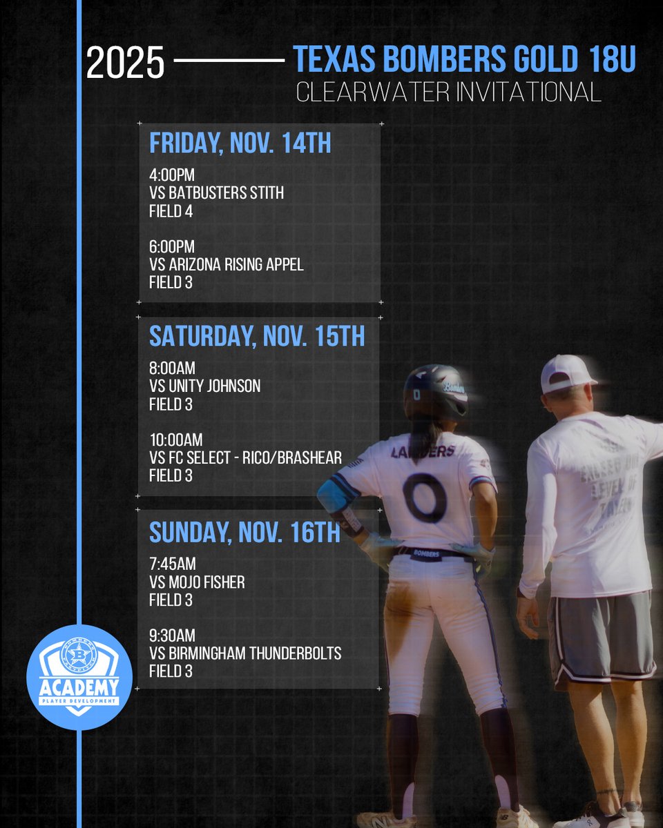 TXBombersGold18's tweet photo. Check out our game times for the Clearwater Invitational! #BlueBloods #bombernation
@bombers_academy https://t.co/xqIdejvW4v