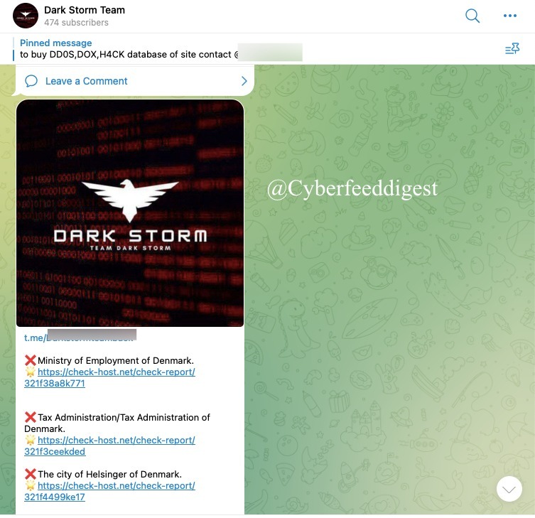 cyberfeeddigest's tweet image. 🚨 #DARKSTROMTEAM Launches #DDOS Attacks on Danish Targets! 🇩🇰

Ministry of Employment of Denmark
Tax Administration of Denmark
City of Helsinger

#DDOS #Denmark
