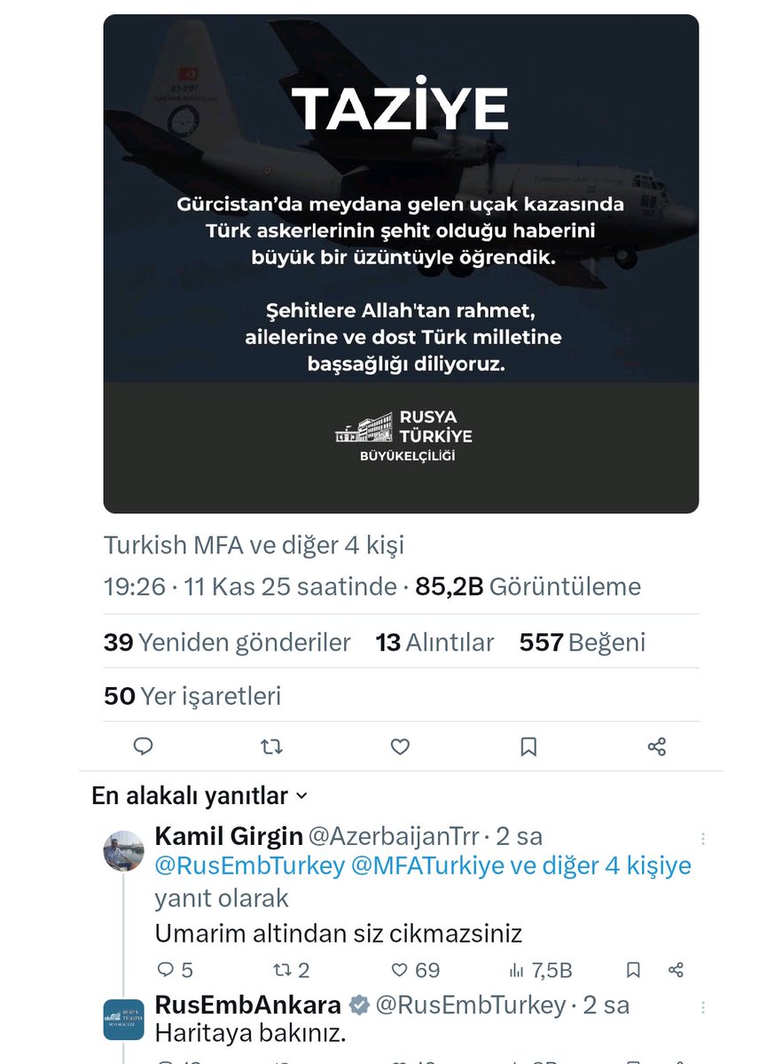 Rusya'nın Ankara Büyükelçiliği resmi hesabı şehitlerimizle ilgili başsağlığı diliyor. Altına bir vatandaş "umarım altından siz çıkmazsınız" 🤔 diye yorum yazıyor. Elçilik ise "haritaya bakınız" diye cevap veriyor. Böyle bir hesabın kontrolü ergenlere falan mı bırakıyorlar?