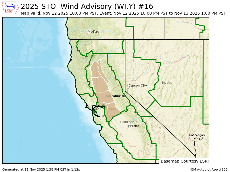 STO issues Wind Advisory valid at Nov 12, 10:00 PM PST till Nov 13, 1:00 PM PST mesonet.agron.iastate.edu/vtec/f/2025-O-…