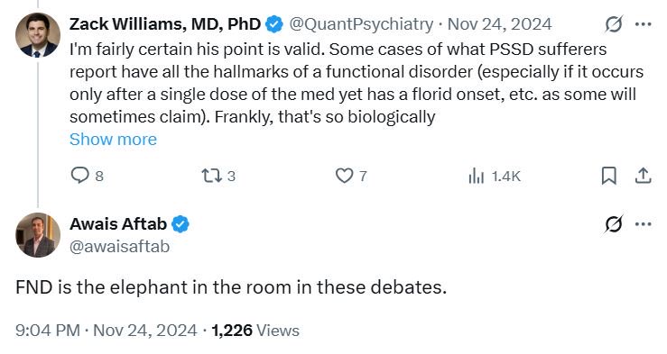 PSSD_Info's tweet image. Almost 20 years later, not much has changed. Conversion disorder has been rebranded FND, but drs. still regularly postulate that PSSD = FND. Why does this make no sense? First of all, genital numbness/⬇️ sensation (hallmark PSSD symptom) does not appear in the FND literature. 3/n