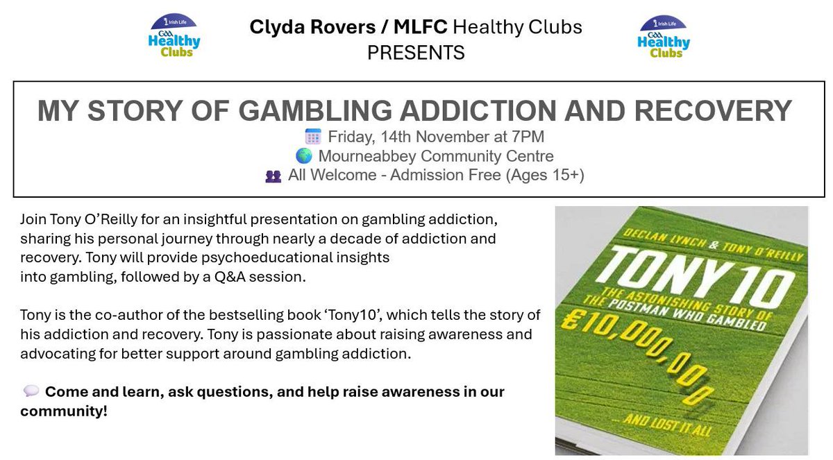 clydaroversgaa's tweet photo. Reminder of a talk organised by the Healthy Club this friday night at 7pm.
Everyone is welcome and it is free of charge to attend
@ClydaOgGAA @MourneabbeyLFC https://t.co/NwezqU1GuX