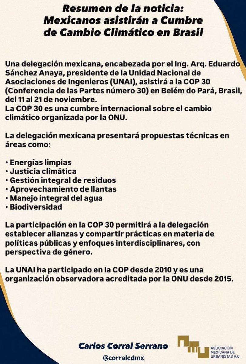 🌎 Delegación mexicana encabezada por el Ing. Arq. <a href="/EduSanchezAnaya/">Eduardo Sánchez Anaya</a>, presidente de la <a href="/UNAI_mx/">UNAImx</a>, participará en la #COP30 en Belém do Pará, Brasil 🇧🇷.
Presentarán propuestas sobre energías limpias, justicia climática, manejo del agua y biodiversidad.
#CambioClimático #México