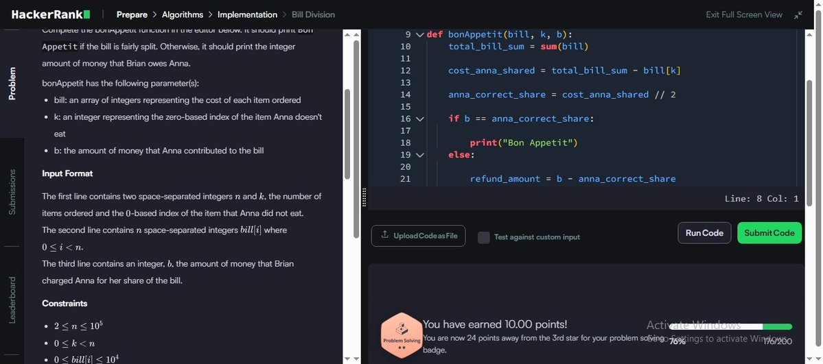 MRout75802's tweet image. Day 51/100 ✅
💡 Challenge: Bill Division
Learned to:
🔹 Exclude an item from the bill using index
🔹 Calculate fair share and detect overcharge
🔹 Use conditional logic to print results (Bon Appetit or refund)
#Python #100DaysOfCode #HackerRank #ProblemSolving #zigbee
