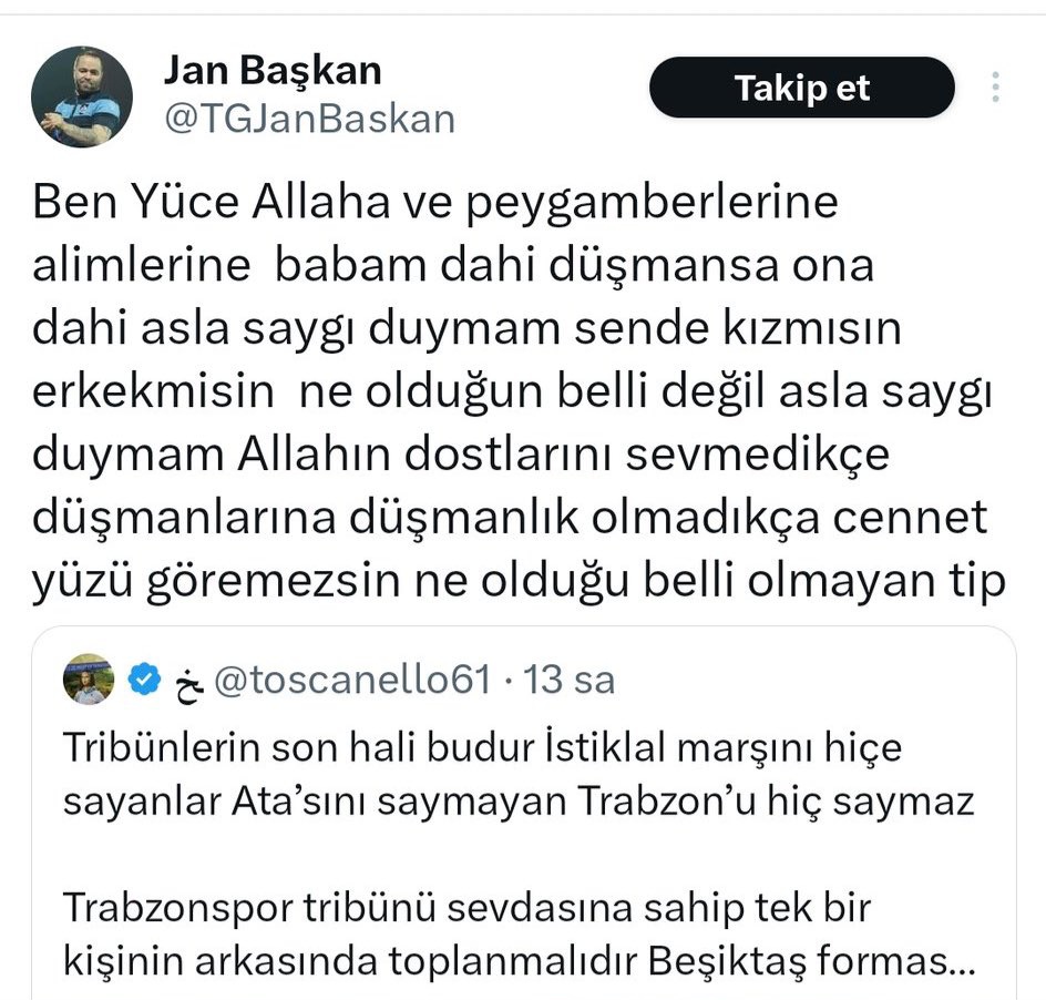 Adam burda Atatürk'e bisey dediği yok adını dahi anmamis Allaha ve peygambere saygı duymayan babam dahi olsa demiş... siz buradan Atatürk'e saygı duymadığını nereden çıkardınız? Atatürk Allaha ve peygambere saygı duymuyor muydu düşman mi idi niye kudurdunuz. O.cocuklari sizi