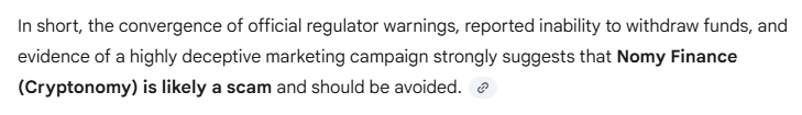 CryptonomyScam's tweet image. Google finally realized that @NomyFinance &amp;amp; #Cryptonomy are a scam. 

Read Google&apos;s full analysis: gemini.google.com/share/20b090c3…