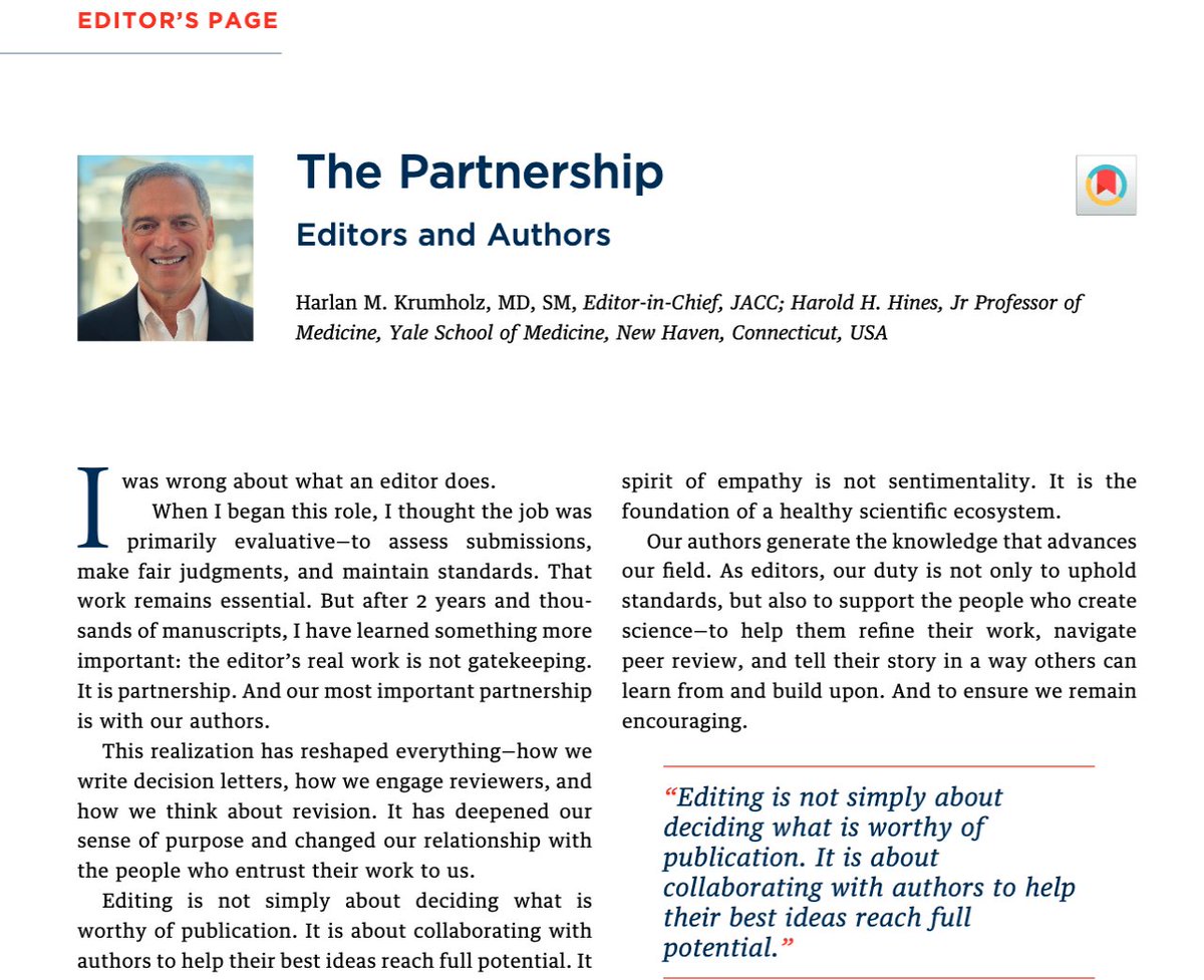 hmkyale's tweet image. After two years and thousands of manuscripts, I’ve learned that the real work of an editor isn’t gatekeeping — it’s partnership.

My latest @JACCJournals Editor’s Page: The Partnership

🔗 jacc.org/doi/10.1016/j.…

#MedTwitter #AcademicMedicine #Cardiology @YaleMed @YaleSPH