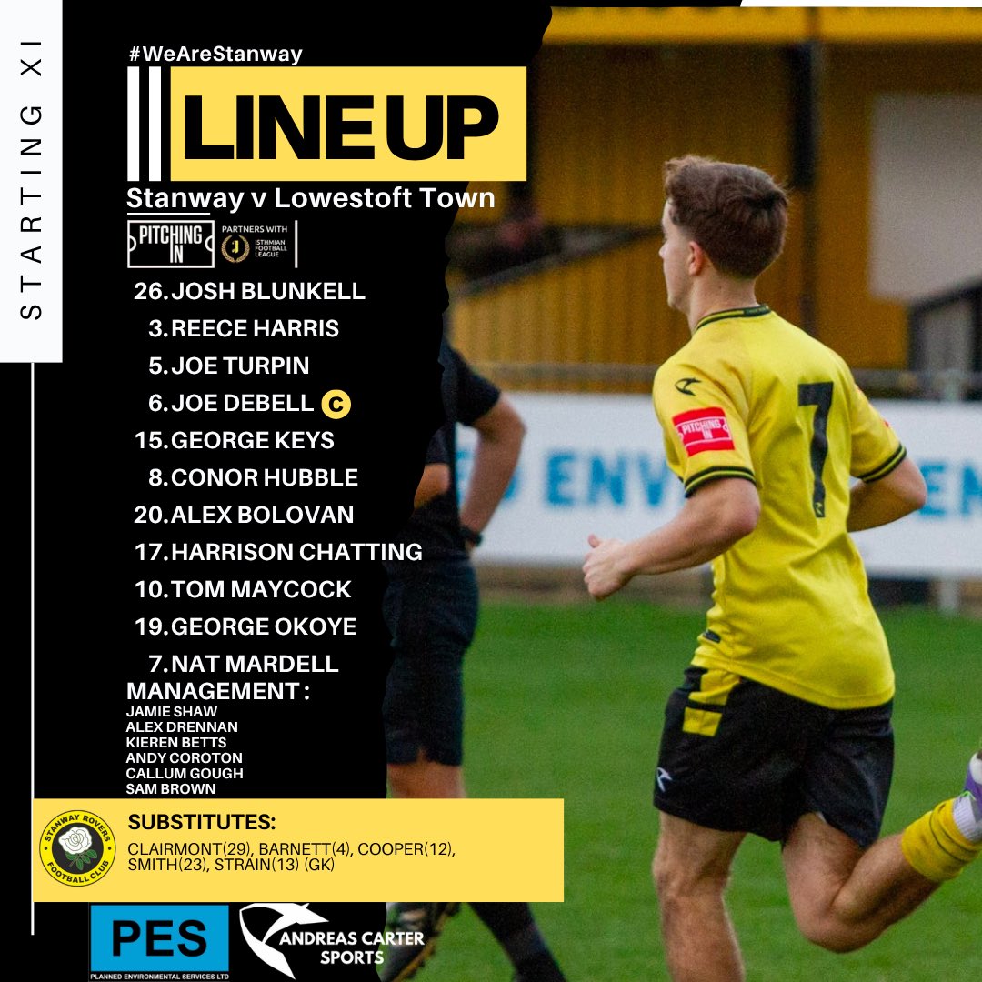 StanwayRovers's tweet photo. π¨ TEAM NEWS π¨
Hereβs how we line-up to face to face Lowestoft Town in the Isthmian league North π₯
π― Okoye leads the line
π§± Blunkell & Strain protect the sticks tonight
π«‘ Debell returns to captain us
#WeAreStanway #isthmianleague #nonleaguefootball #STALOW https://t.co/l8DVG3cBXf