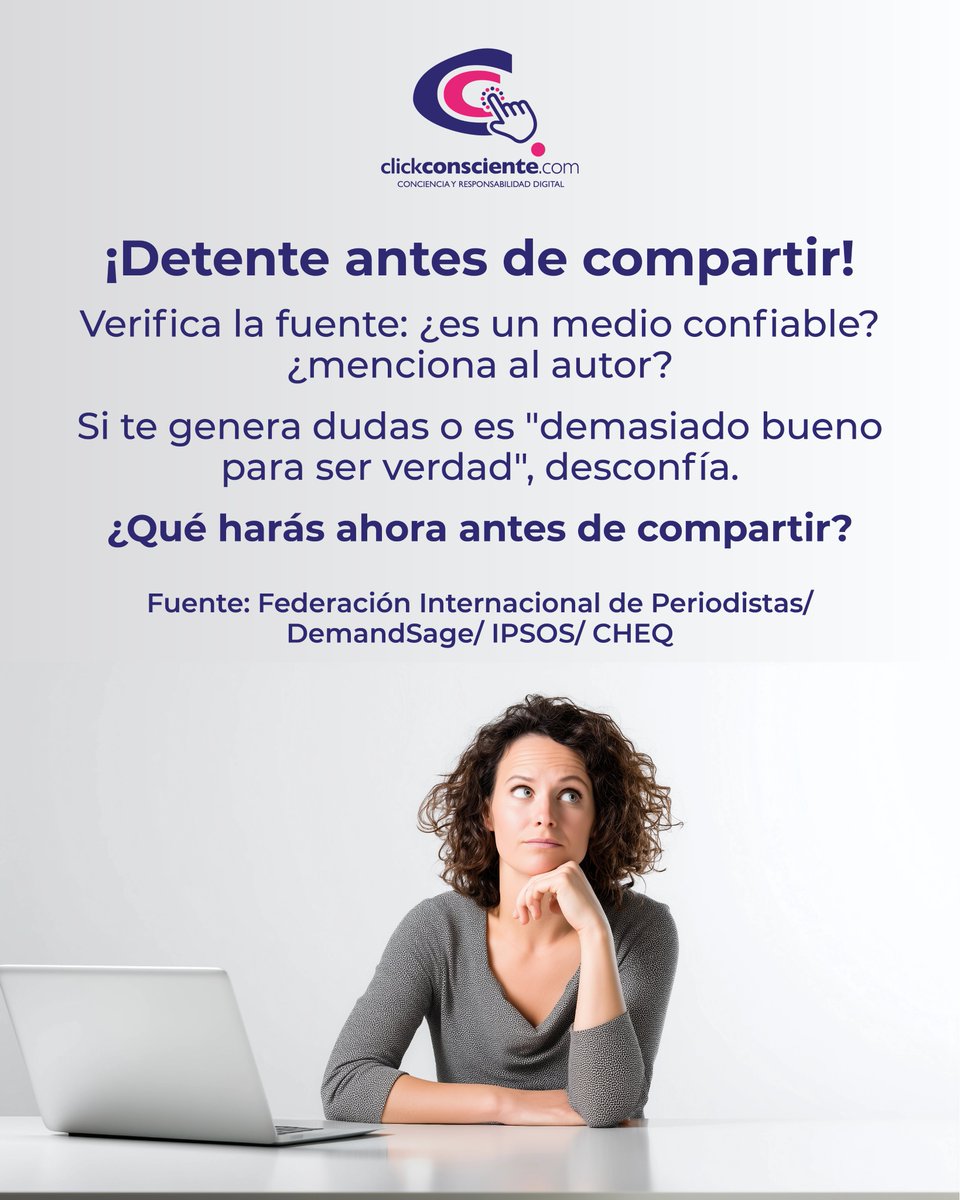 ClickConsciente's tweet image. ¡Detente antes de compartir noticias! Verifica la fuente para no caer en una #FakeNews.

¡Erradiquemos este problema!

#IA #FakeNews #Desinformación #ClickConsciente #PensamientoCrítico #Verificación