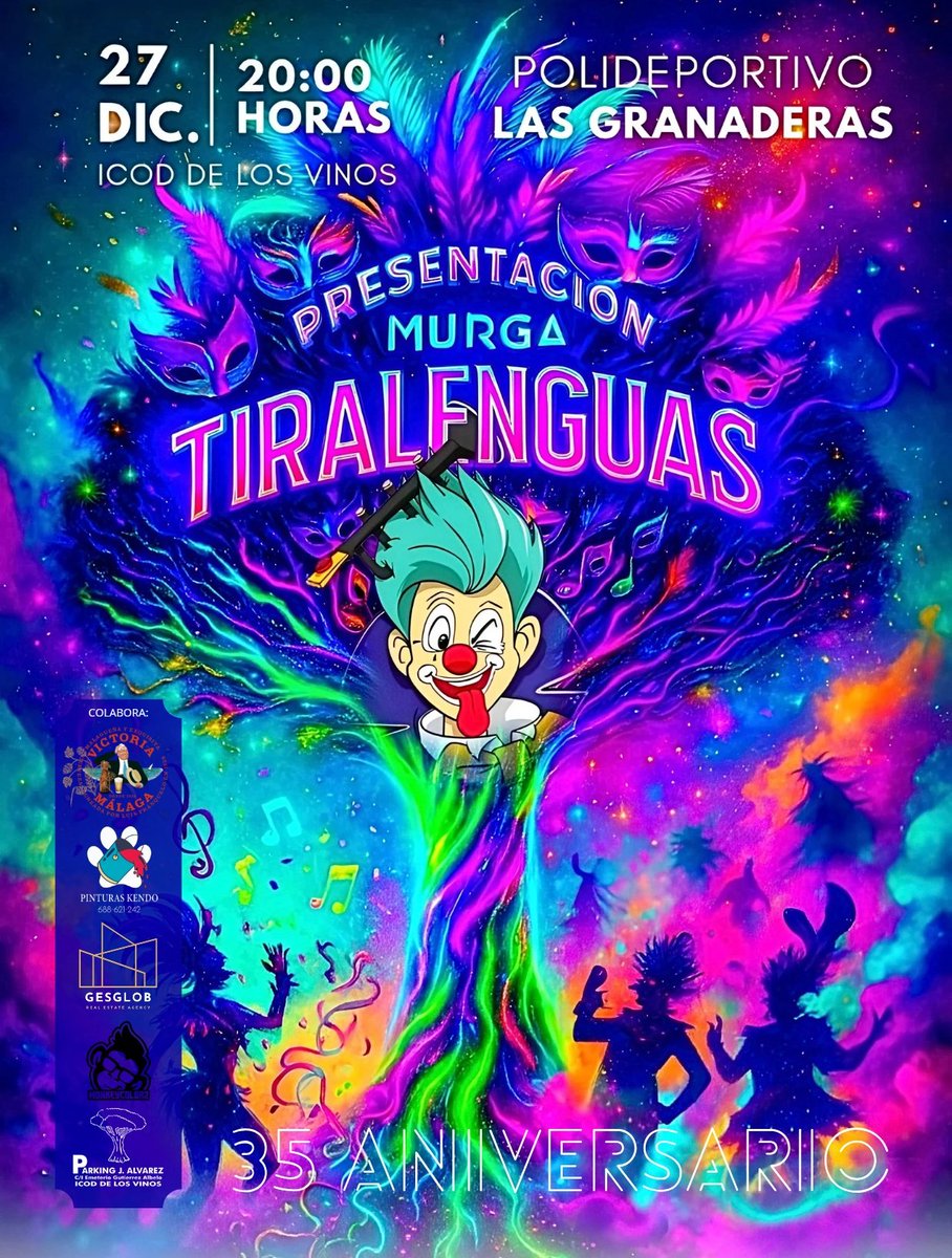 🎭 ¡Apúntalo!
🗓️ 27 de diciembre, presentamos nuestra fantasía.
📍 Polideportivo de Las Granaderas de Icod de los Vinos.
✨ Ven a disfrutar de la presentación de nuestra trigésimo quinta fantasía. 
🎶 En los próximos días desvelaremos a los grupos que nos acompañarán.