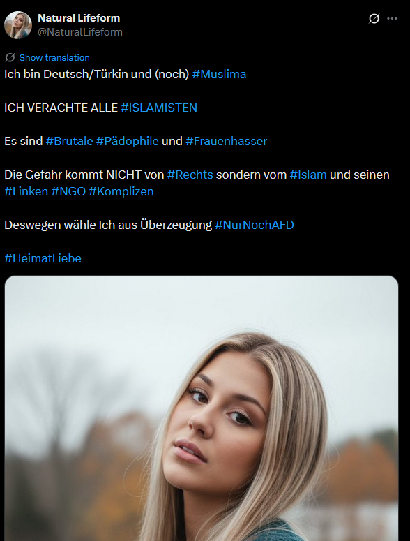 KI-Bildchen, Fake-Account der AfD - und die Dummen fressen's wie blöde. Wieder die Frage: wie will die AfD mit solchen Hirnamputierten ein Land am Laufen halten?