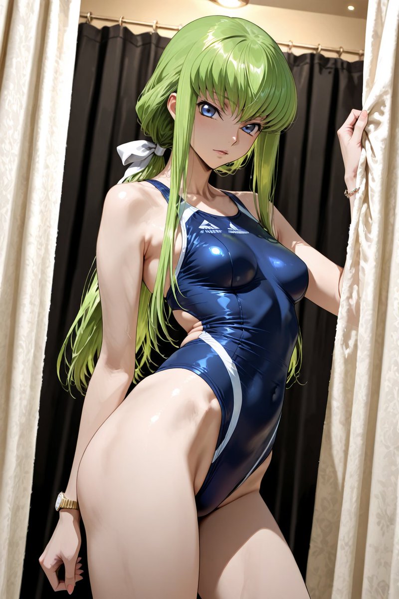 tanicoILLU1st's tweet image. AIart 生成AI (予約/Scheduled) SFW
●C.C. ＃コードギアス ＃Codegeass
こんちは～ / Hello～
C.C., wearing a swimsuit, picks at the curtains in the fitting room.