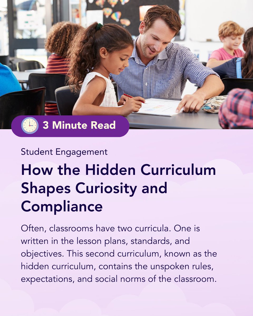 TeachingChannel's tweet image. The second curriculum, known as the hidden curriculum, contains the unspoken rules, expectations, and social norms of the classroom. This can make it difficult for neurodivergent learners to thrive.

Read more about how you can help students thrive: teachingchannel.com/k12-hub/blog/h….