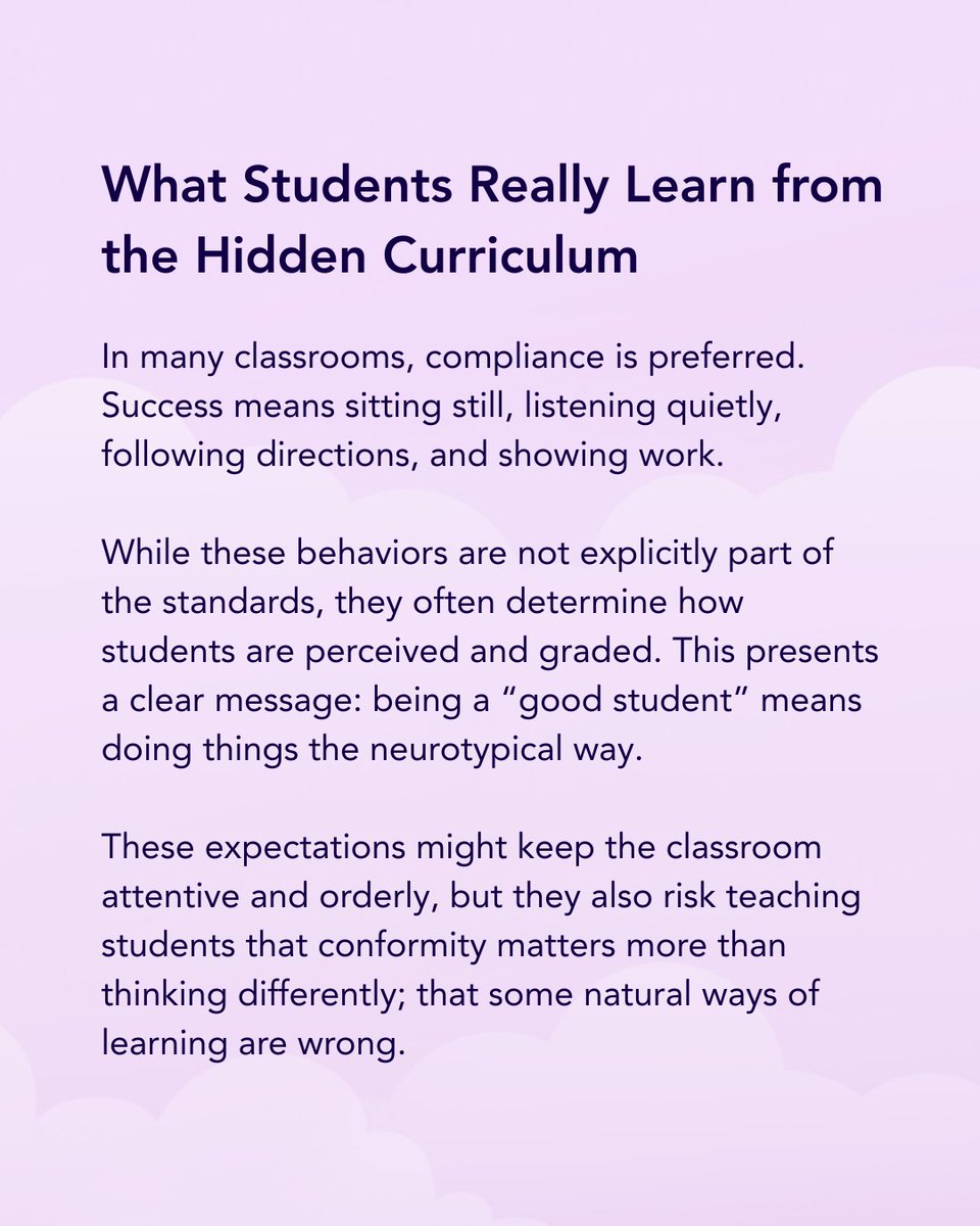 TeachingChannel's tweet image. The second curriculum, known as the hidden curriculum, contains the unspoken rules, expectations, and social norms of the classroom. This can make it difficult for neurodivergent learners to thrive.

Read more about how you can help students thrive: teachingchannel.com/k12-hub/blog/h….