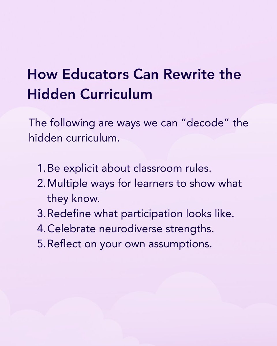 TeachingChannel's tweet image. The second curriculum, known as the hidden curriculum, contains the unspoken rules, expectations, and social norms of the classroom. This can make it difficult for neurodivergent learners to thrive.

Read more about how you can help students thrive: teachingchannel.com/k12-hub/blog/h….