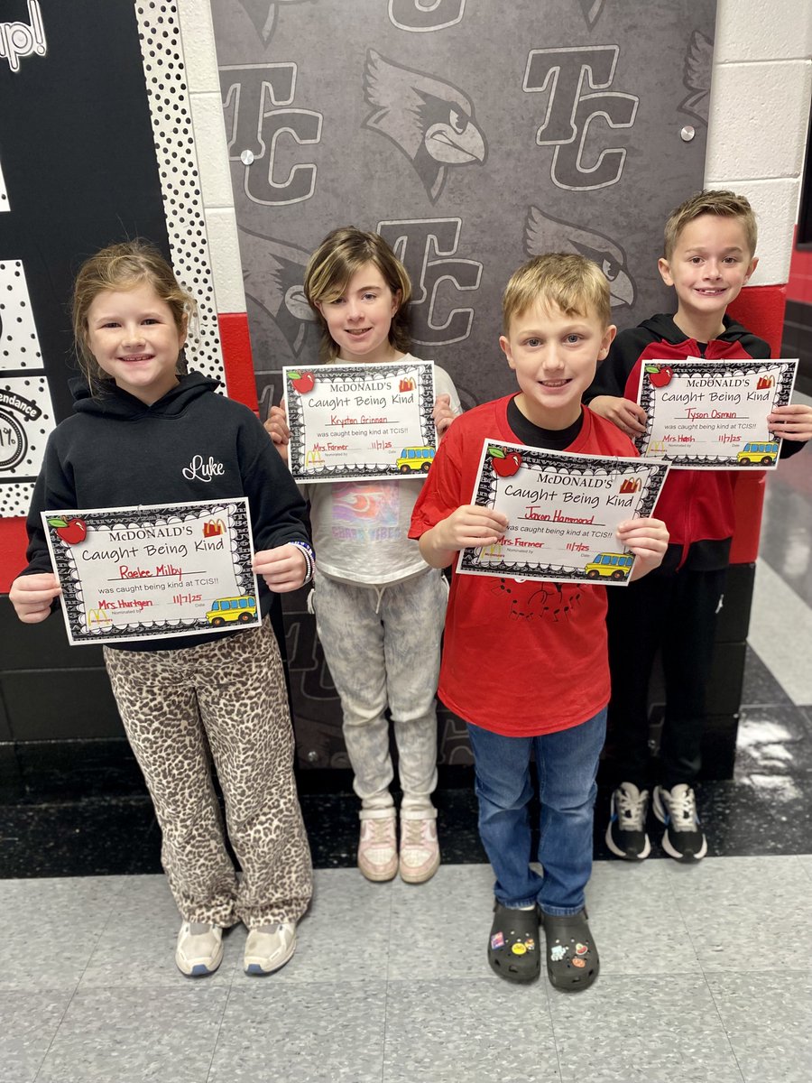 TC_Schools_KY's tweet image. Congratulations to our TCIS McDonald’s Caught Being Kind winners! These students will enjoy a free order of French fries just for being kind Cardinals: Raelee Milby, Krysten Grinnan, Jaxon Hammond, and Tyson Osum. 

#tcpride #tcis #caughtbeingkind