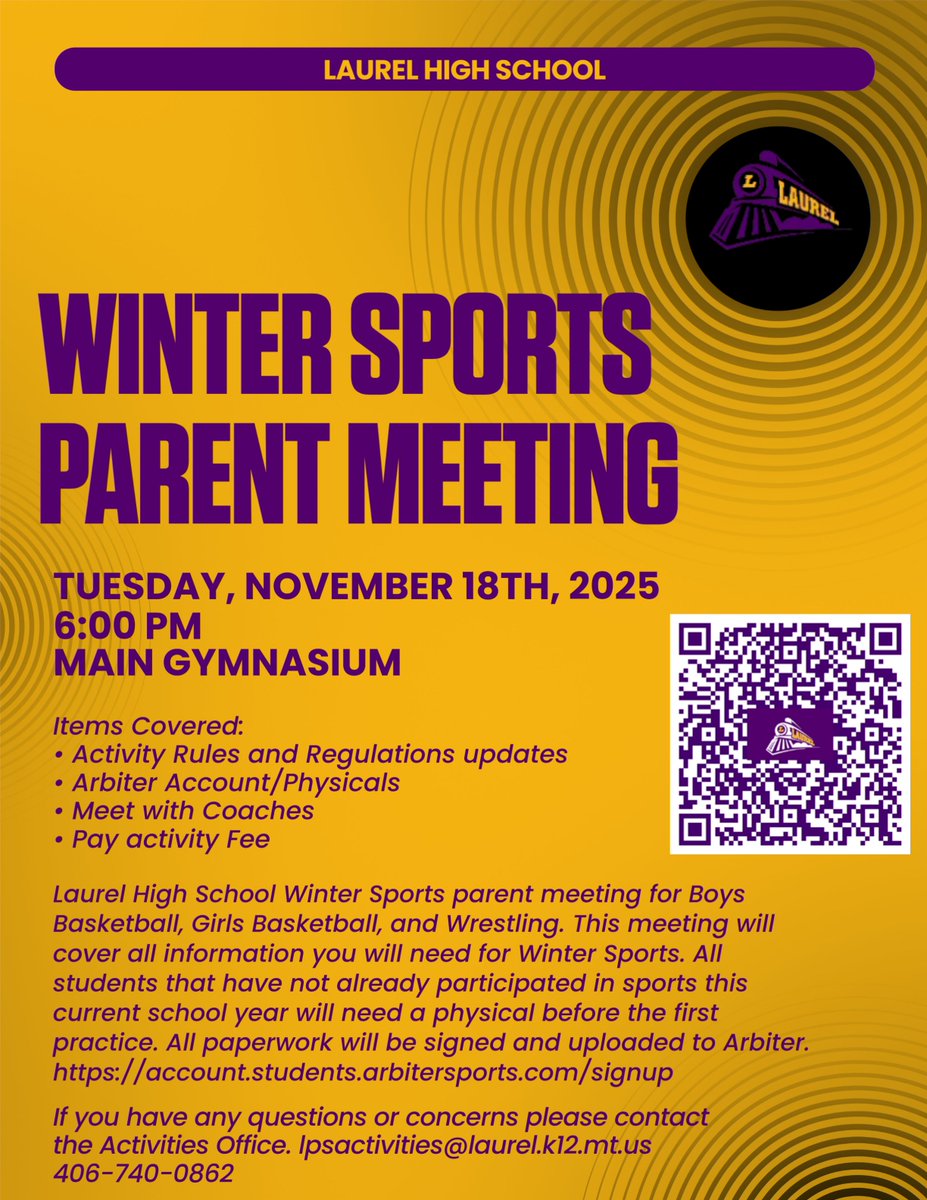 LHS Winter sports start Thursday Nov. 20th. Winter Sports Parent meeting will be held Tuesday Nov. 18th @ 6pm. 
Arbiter:account.students.arbitersports.com/signup
Go Locomotives! #lpsactivities