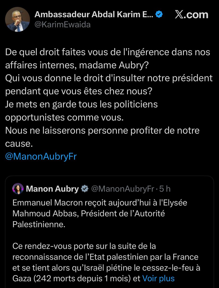 Quand Manon Aubry découvre que les Palestiniens en ont assez d’être instrumentalisés à des fins électorales par ceux qui prétendent les défendre alors qu’en réalité, ils s’en fichent complètement.

LFI n’est rien d’autre qu’une arnaque qui se dévoile un peu plus chaque jour.