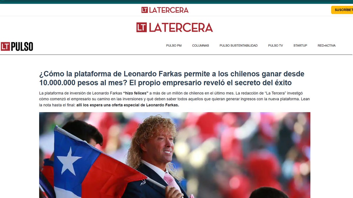 Las estafas están llegando muy lejos
Me salió un video falso de <a href="/leonardofarkas/">leonardofarkas</a> en youtube que direcciona a este sitio que simula ser <a href="/latercera/">La Tercera</a> 
Piden 95 lucas mínimo.
Hay logos del <a href="/meconomia/">Ministerio de Economía, Fomento y Turismo</a> y <a href="/bancodechile/">Banco de Chile</a>