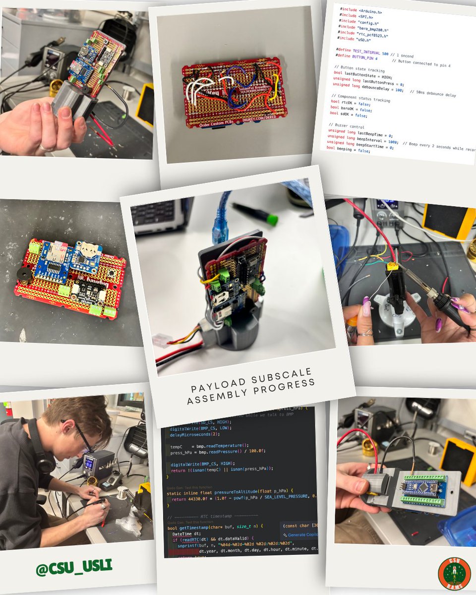 CSU_USLI's tweet image. From design to data, we iterated the CAD, wired the prototype electronics, and started reading clean sensor values on the bench.

#USLI #StudentRocketry #Aerospace #Subscale #Payload