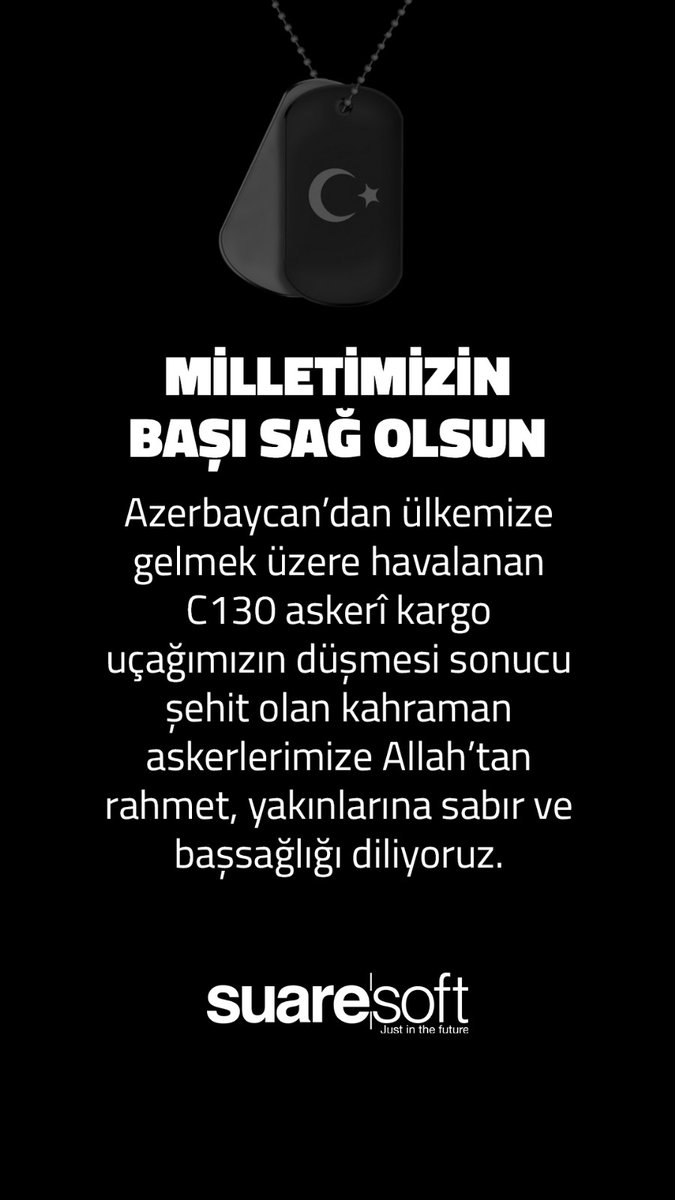 SuareSoft's tweet photo. Azerbaycan’dan ülkemize gelmek üzere havalanan C130 askeri kargo uçağımızın düşmesi sonucu şehit olan kahraman askerlerimize Allah’tan rahmet, yakınlarına sabır ve başsağlığı diliyoruz.

Milletimizin başı sağ olsun. 🇹🇷
#Taziye #TürkSilahlıKuvvetleri #MilletimizinBaşıSağOlsunv https://t.co/SndLX6Qex5