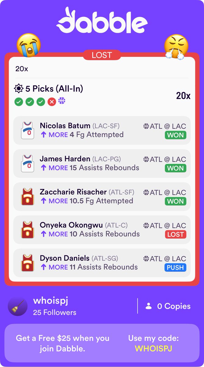 CatsPicks's tweet photo. @DabbleFantasy Lost by 1 RA and 1 Free Throw yesterday 😭 Dabble user: whoispj https://t.co/fKVzPVNNJ4
