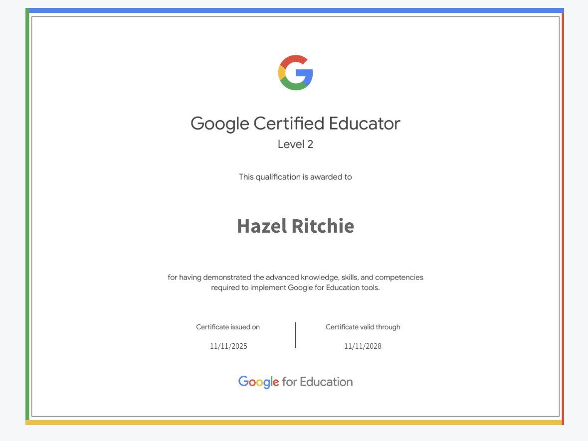 HRitchie80's tweet image. Level 1 and 2 recertification for google educator completed for another three years #googleeducator