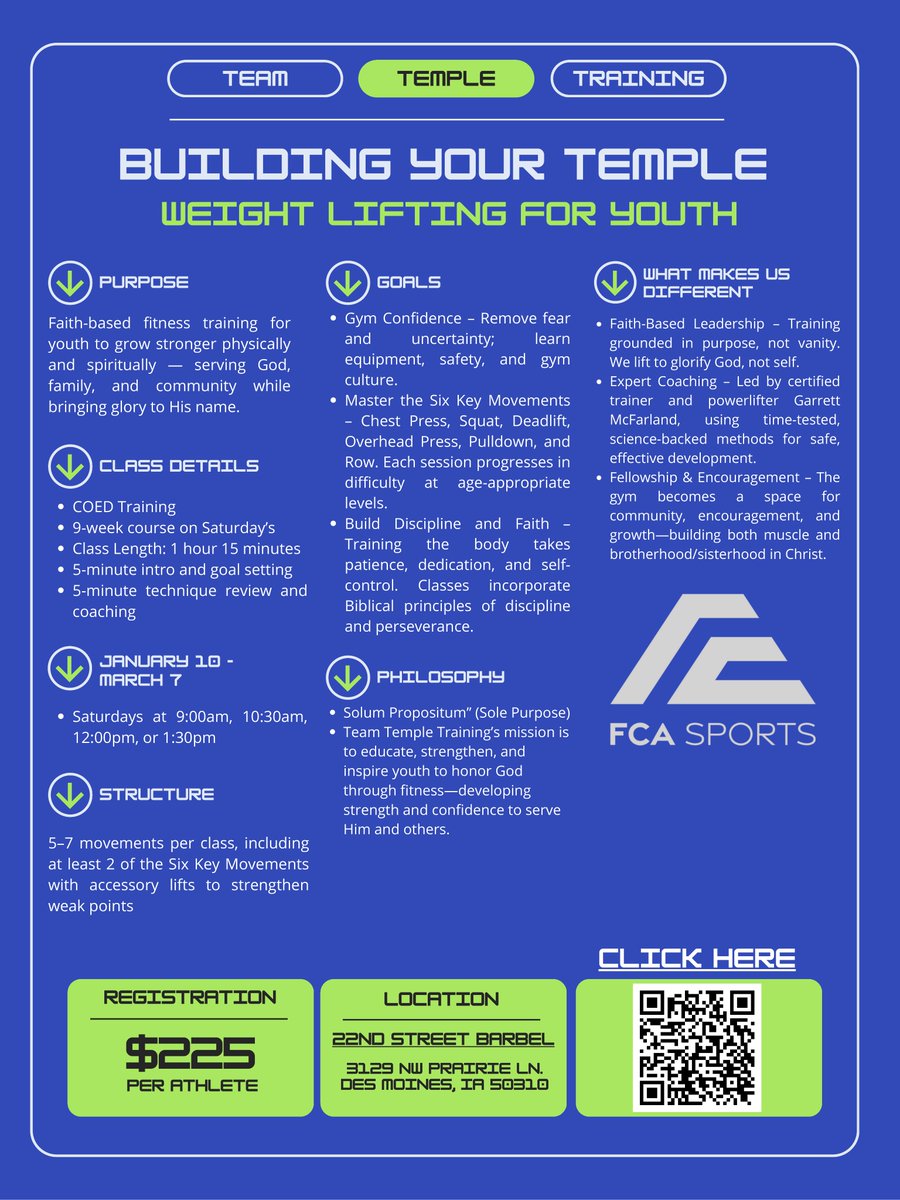 DrJBP's tweet photo. 💪 Building Your Temple - Fellowship of Christian Athletes
Faith-based youth weightlifting for ages 9–18 in the Des Moines metro.
🗓 Jan 10–Mar 7 (Saturdays)
📍 22nd Street Barbell – 3129 NW Prairie Ln, Des Moines
💵 $225/athlete | Coed
👉 Register: https://t.co/eHKHH9mSg9 https://t.co/tBXsVzSd5y