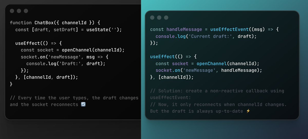 cengizdonmezzz's tweet image. Compare useEffect vs useEffectEvent 👀

💡 What it provides:
✅ Always access the latest state &amp;amp; props
✅ No unnecessary re-renders or effect triggers
✅ Solves the stale closure problem
✅ Ideal for event handlers

#React #ReactHooks #JavaScript #useEffectEvent