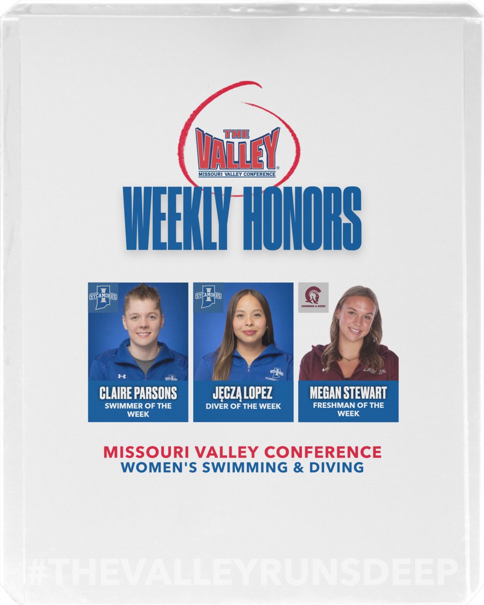Women's Swimming &amp; Diving Weekly Honors❗️

🏆 Claire Parsons <a href="/IndStSwimDive/">Indiana State Swimming & Diving</a> 
🏆 Jęczą Lopez <a href="/IndStSwimDive/">Indiana State Swimming & Diving</a> 
🏆 Megan Stewart <a href="/LRSwimDive/">Little Rock Swimming</a> 

Read More: bit.ly/47Plck5

#TheValleyRunsDeep