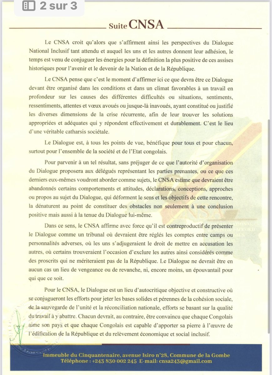 SonzaleJ's tweet photo. #RDC: l’optimisme du #CNSA quand à la tenue du dialogue national et inclusif. Le CNSA insiste sur les termes de référence de ce dialogue qui doivent être centrés autour de l’intérêt supérieur de la nation, résoudre le vrai problème qui range la République, pour une paix durable. https://t.co/PcEQFOoVnK