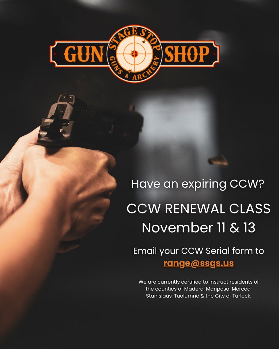 stagestopgun's tweet image. Do you have an expiring CCW? Renew it this weekend! We're offering CCW Renewal training today and Thursday, so call or come by the shop to reserve your spot.

Payment is required upfront.

#StageStopGunShop #CCWRenewal #CCWTraining