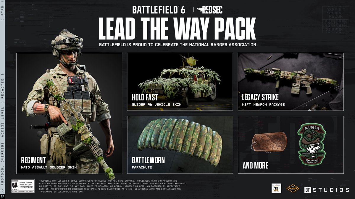 Battlefield's tweet image. “Rangers Lead the Way!” 🪖

Honor the legacy of Rangers with the Lead the Way Pack created with insights from the National Ranger Association.

More info: x.ea.com/87294
