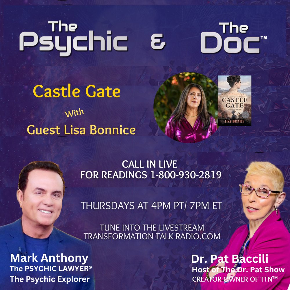 TheDrPatShow's tweet image. Join us Thursday at 4pm PT/ 7pm ET with Special Guest Lisa Bonnice for a mesmerizing journey discussing her book Castle Gate! ow.ly/UOcv50XmbeR #castlegate #lisabonnice #markanthony #drpat #thepsychicandthedoc #theshiftnetwork