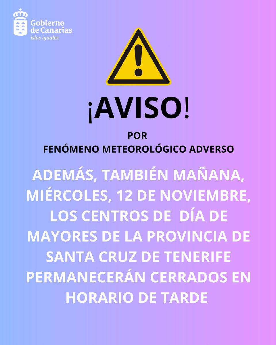 ☔️ ¡ATENCIÓN A ESTOS AVISOS!!
#EscuelaInfantil #LaPalma #CentrosDeDía #Mayores #SantaCruzDeTenerife #Provincia #Alerta