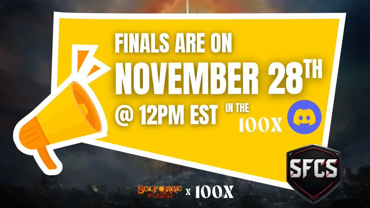 Mark your calendars. The SFCS Finals are set for November 28th at 12 PM EST 📆 

Qualifiers from over 10 communities will clash with invited content creators in the ultimate battle for SolForge supremacy.

Who will rise as the next Champion?

Find out on Finals Day🏆

Hosted in
