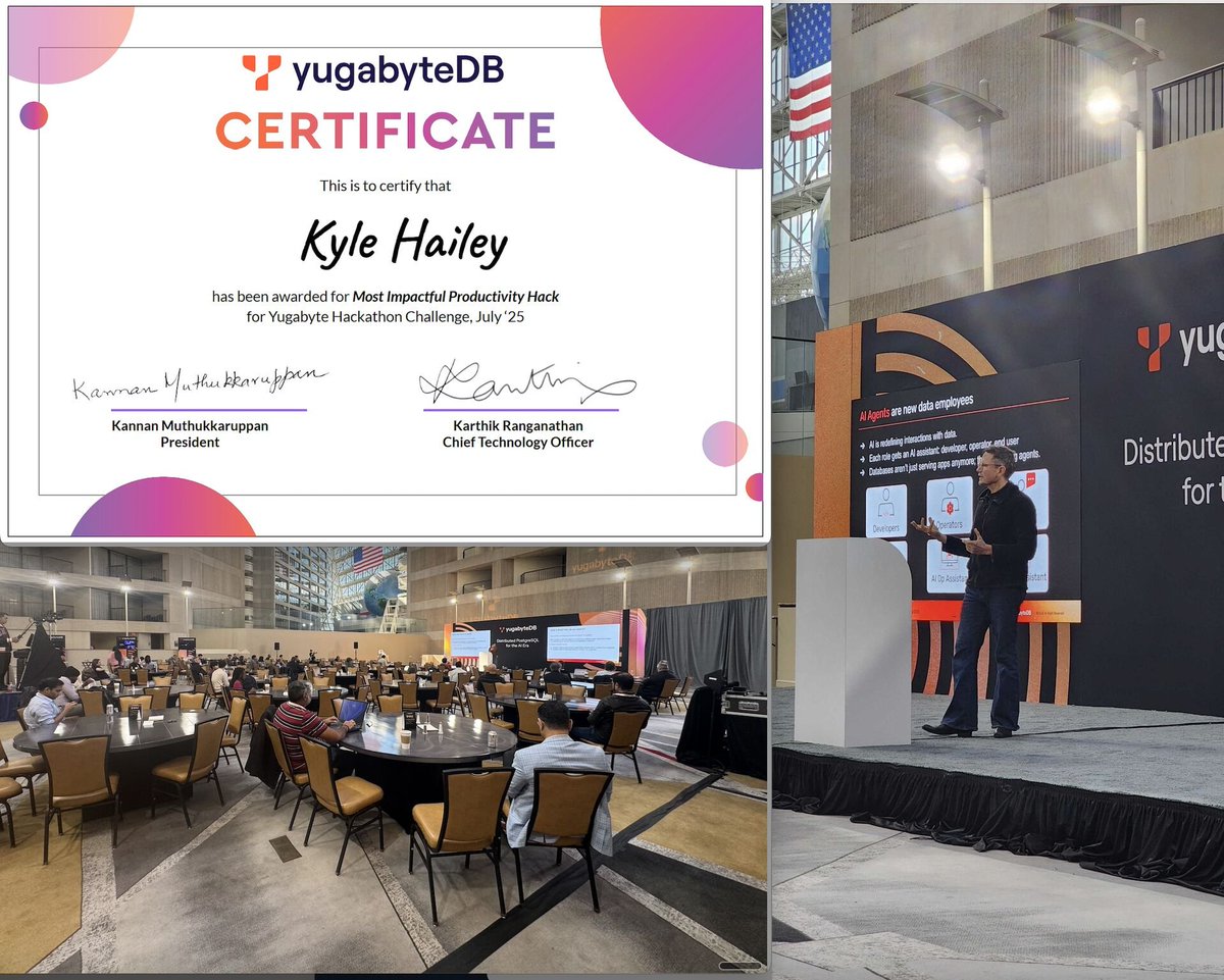 kylelf_'s tweet image. A small hackathon win turned into something big — we’re building an AI copilot for SQL tuning on @Yugabyte ! Gave the first live demo at DSS/KubeCon Atlanta. Amazing to see Yugabyte investing in real, practical AI tools for developers. 🚀 #AI #Databases #KubeCon!