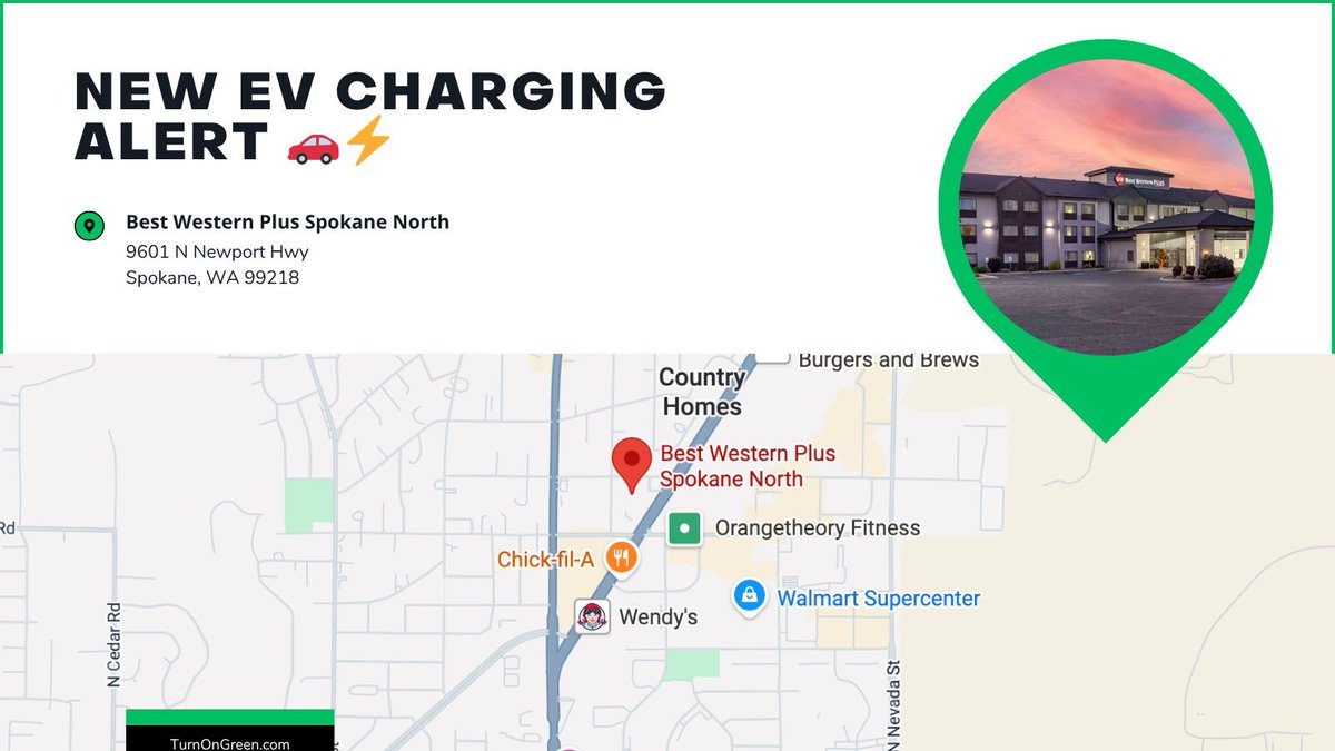 TurnOnGreenEV's tweet image. ⚡ TurnOnGreen chargers are now live at Best Western Plus Spokane North, WA!
Charge up while enjoying your stay in Spokane or road-tripping through the PNW. 🚗🌲
#TurnOnGreen #EVCharging #SpokaneWA #TravelGreen