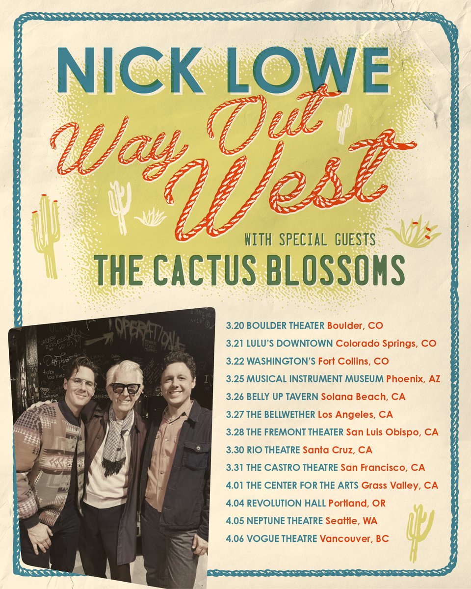 Nick Lowe is heading 𝘞𝘢𝘺 𝘖𝘶𝘵 𝘞𝘦𝘴𝘵 and he’s bringing <a href="/CactusBlossoms/">The Cactus Blossoms</a> along for the ride. Tickets are available starting this Friday, November 14. 

nicklowe.com/tour-dates