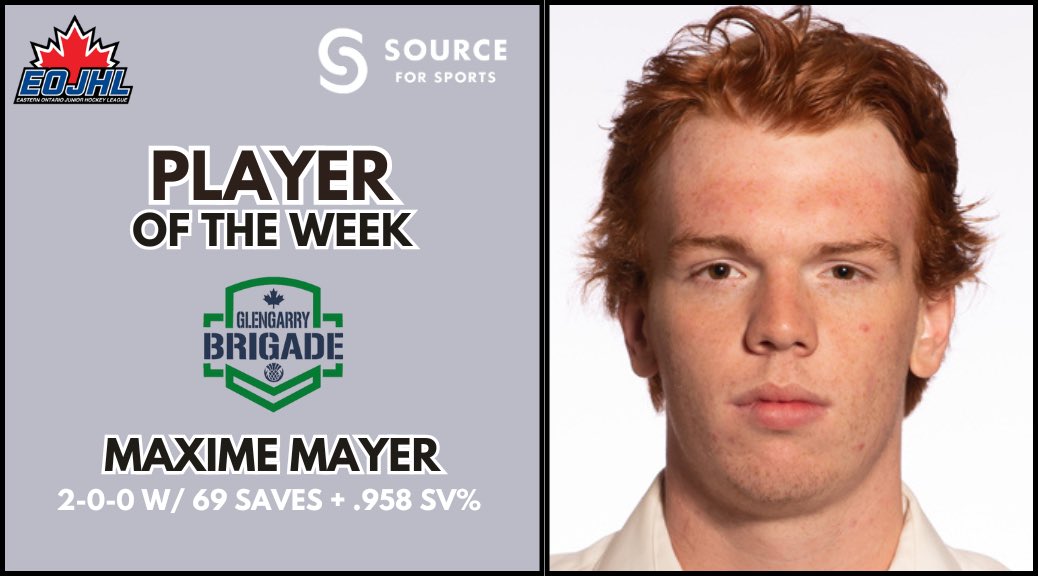🚨 PLAYER OF THE WEEK 🚨
Huge week for Maxime Mayer of the <a href="/brigadejrhockey/">Glengarry Brigade</a> 💪🧱

The 2005-born goalie from L’Orignal went 2-0-0-0 with a .958 SV% and 69 saves, backstopping the Brigade to wins over Ottawa West and Athens 🔥

🗞️ theeojhl.ca/eojhl-names-ma…