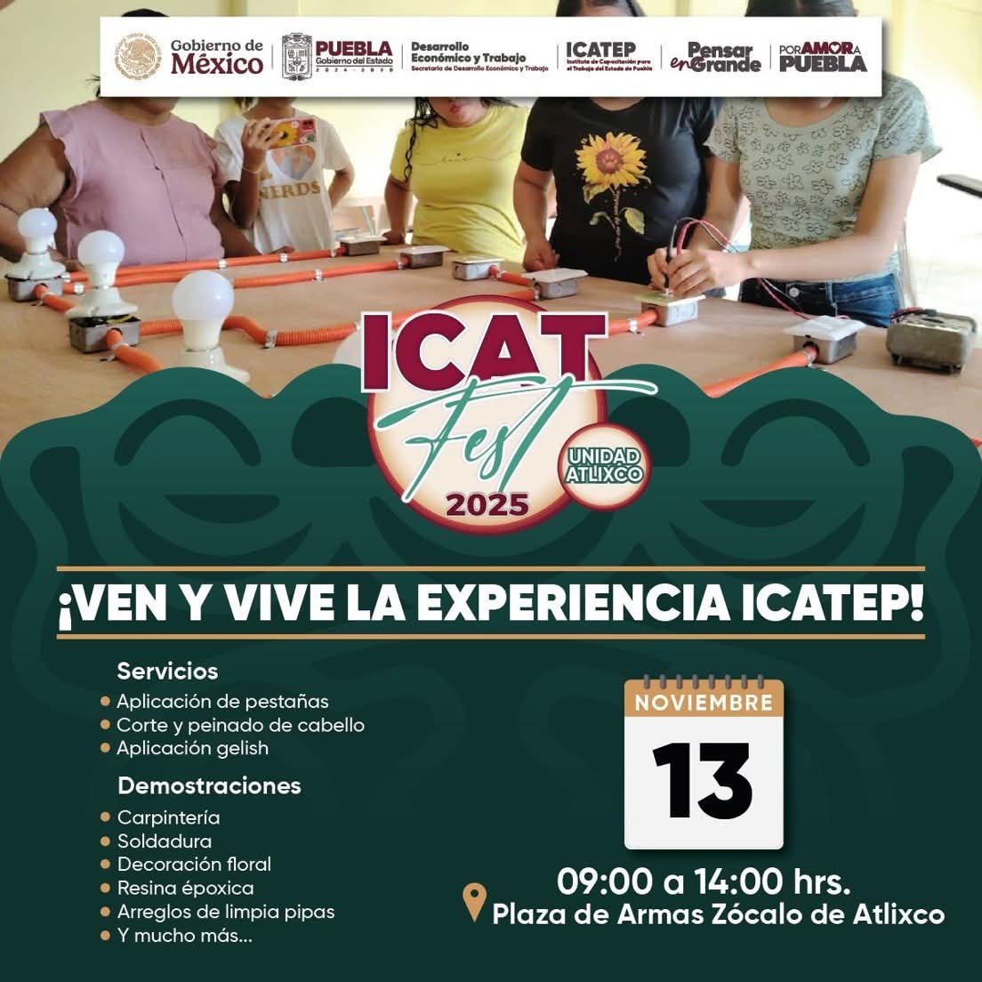 ✨ El ICATFEST 2025 llega al corazón de Atlixco ✨

<a href="/Icatep/">Instituto Icatep</a> Unidad Atlixco te espera este 13 de noviembre, de 9:00 a 14:00 horas, en la Plaza de Armas, Zócalo de Atlixco, para disfrutar una jornada llena de servicios, exhibiciones y demostraciones de nuestros cursos, que impulsan