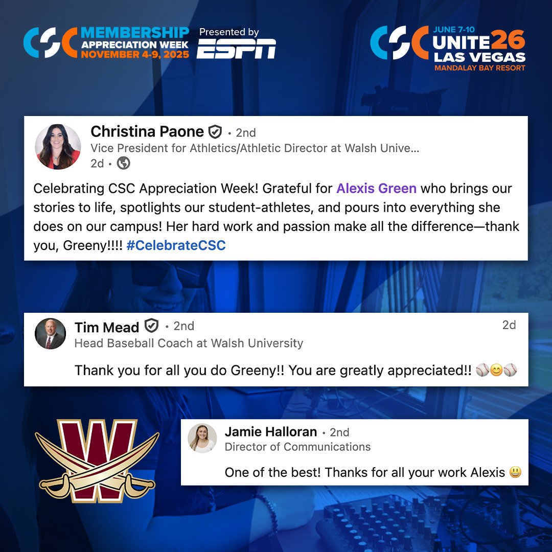 CollSportsComm's tweet image. 🎉 The WINNER of the FREE #CSCUnite26 convention registration is Alexis Green (@alexisssgreen) of @WalshCavaliers! Congratulations to this amazing college sports communicator!

Alexis was nominated by @WalshUniversity Vice President for Athletics / Athletic Director Christina…