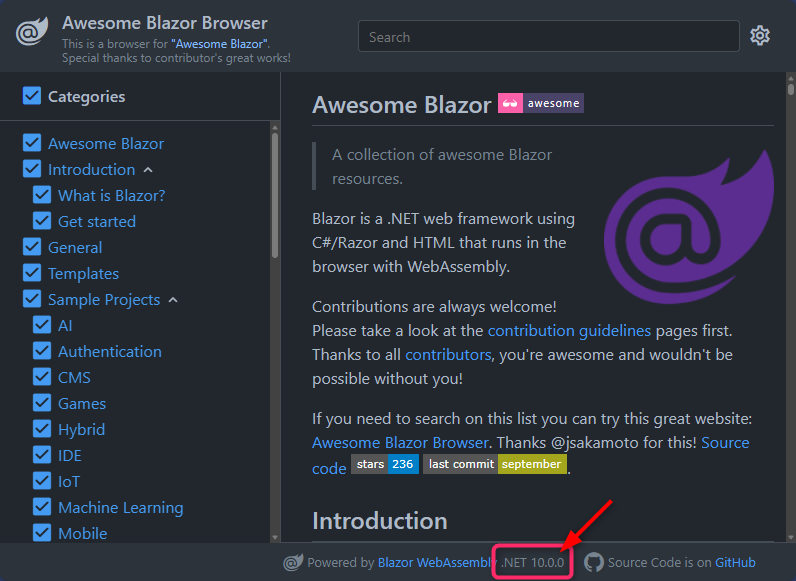 jsakamoto's tweet image. 🎉 Awesome Blazor Browser has been updated to .NET 10!

Now running on the latest .NET SDK released today. Check it out and explore the curated list of Blazor resources with improved performance.
jsakamoto.github.io/awesome-blazor… #blazor