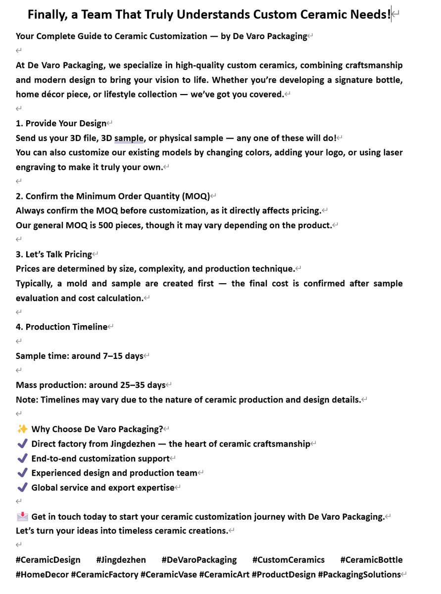 DeVaro28642403's tweet image. ✨ Custom Ceramic Solutions from Ceramic Line in Jingdezhen ✨
From vases &amp;amp; mugs to tea sets &amp;amp; bottles — we bring your ceramic ideas to life.
Process:  3D file → confirm sample → produce → deliver.
DM us for more. 

#CeramicDesign #Jingdezhen #CustomCeramics #DeVaroPackaging