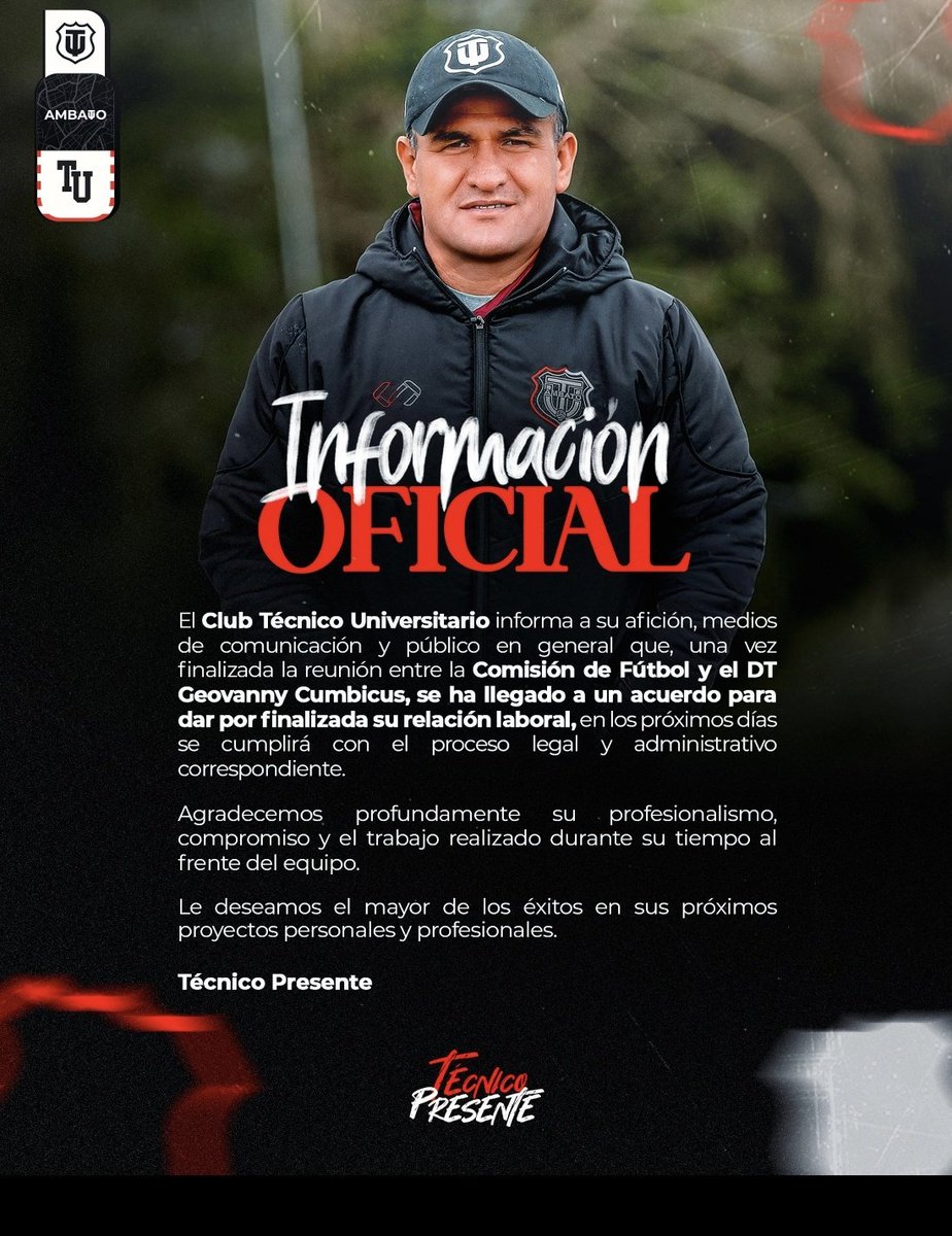 Las salidas continúan Geovanny Cumbicus no va más cómo DT

Aquí el comunicado oficial

Informa Retumba 100.9fm <a href="/ABCDeportivoEc/">ABC DEPORTIVO RADIO</a>