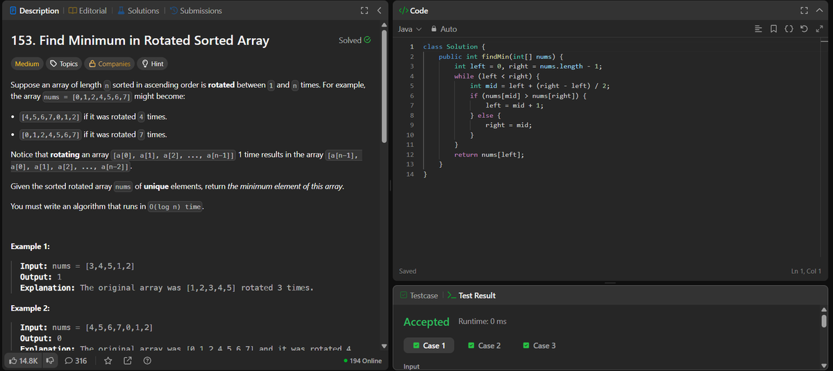 rituu_09's tweet image. Day 314 - 315 of 2025:                                  
👩‍💻 Code to Crack Companies!    
🧩 Search in Rotated Sorted Array II
🧩 Find Minimum in Rotated Sorted Array
🧩 Single Element in a Sorted Array
🧩 Find Peak Element
#PlacementPrep #2025Goals #leetcode #letsconnect