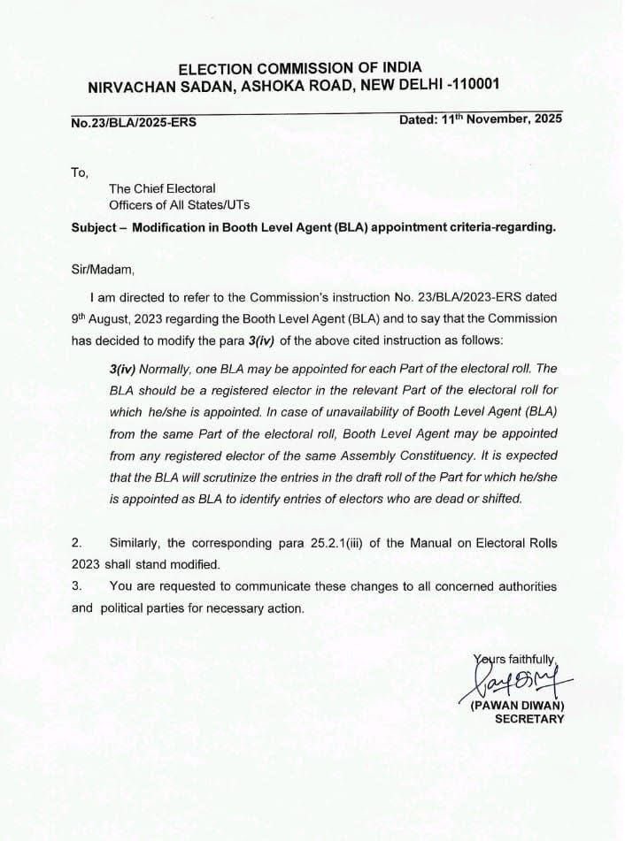 ⚠️ ALARMING ⚠️

<a href="/ECISVEEP/">Election Commission of India</a> has quietly and cunningly amended the rules governing the appointment of Booth Level Agents (BLAs).

➡️ Earlier, as per the Commission’s 2023 guidelines: “The BLA must be a registered elector in the relevant part of the electoral roll for which he/she is