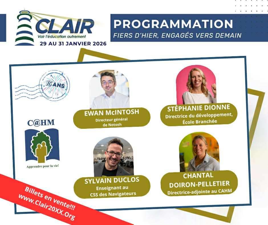 MarioAsselin's tweet image. La conférence #Clair2026 est de retour encore cette année, clair20xx.org/horaire-confer…. Bravo à cette nouvelle cuvée de conférenciers...
#ÉduQc