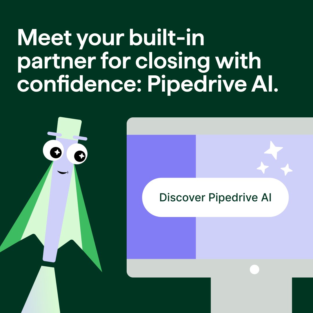 pipedrive's tweet photo. What if your CRM could actually tell you which deal to chase next? 👀

🪄 With Pipedrive AI, you'll always know which deals to focus on and what to do next.

 No more guessing. No more wasted time. Just smarter selling.  🤓☝️